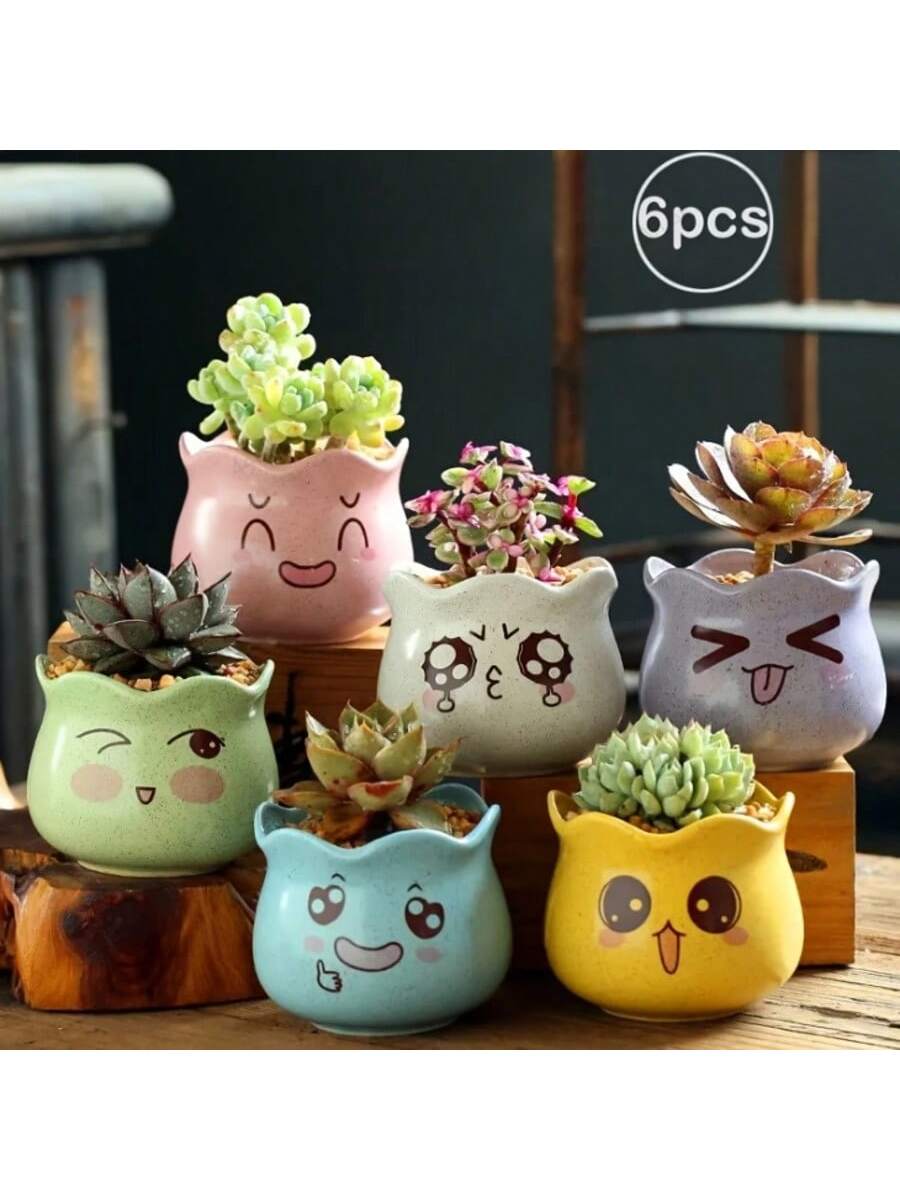 Aloe Vera Pot - 6개/세트 만화 귀여운 세라믹 화분, 배수구